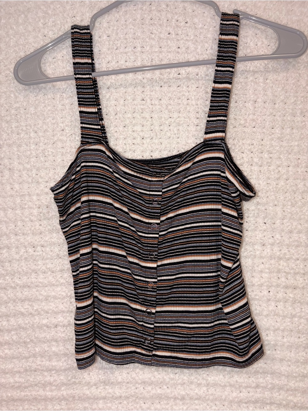 American Eagle Outfitters Striped Button-Front Crop Tank in Black, Cream & Tan